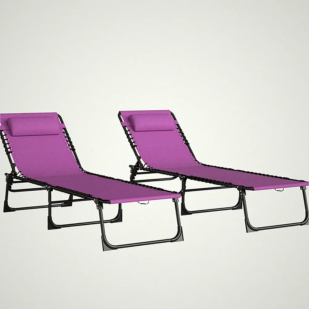 2 Chaise Lounge Pool Chairs, Folding, Reclining, Purple