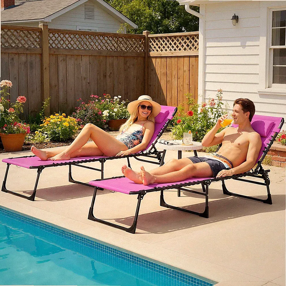 2 Folding Chaise Lounge Pool Chairs with 4-Position Reclining Back C