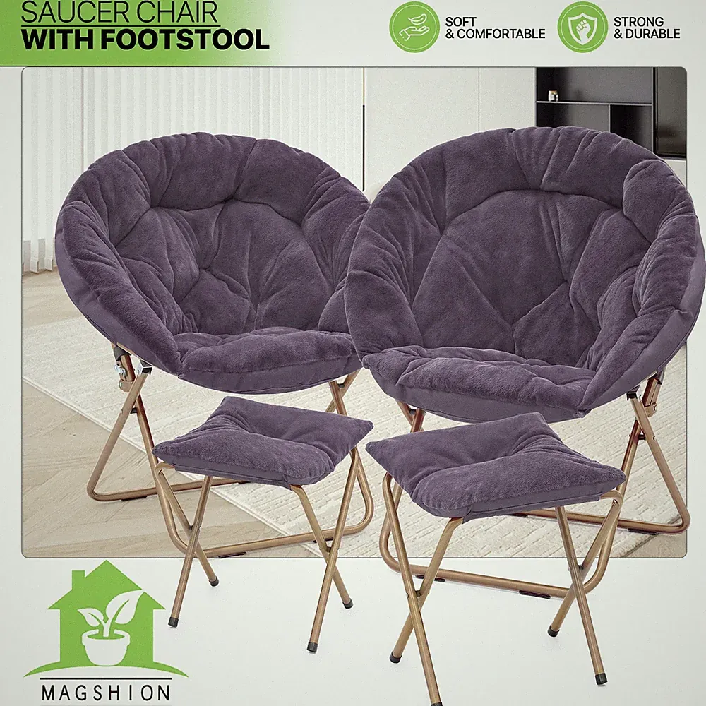2 Pcs Foldable Cozy Saucer Chair Purple Modern Comfy Lounge Moon Chair w/Ottoman