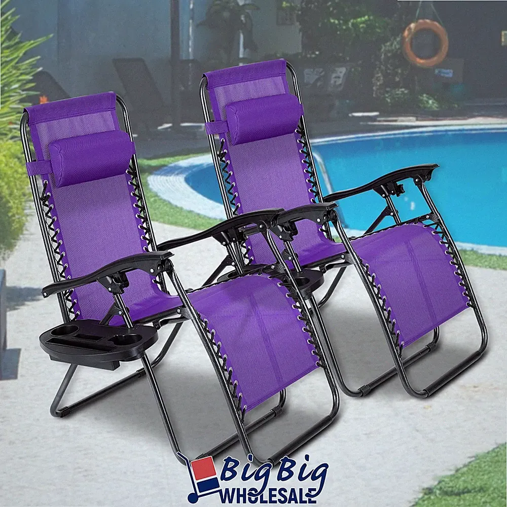 2PC Purple Zero Gravity Chair Folding Outdoor Patio Recliner Mesh Holder Tray
