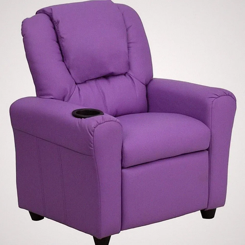 Flash Furniture Vinyl Kid Recliner with Cup Holder & Headrest in Lavender Purple
