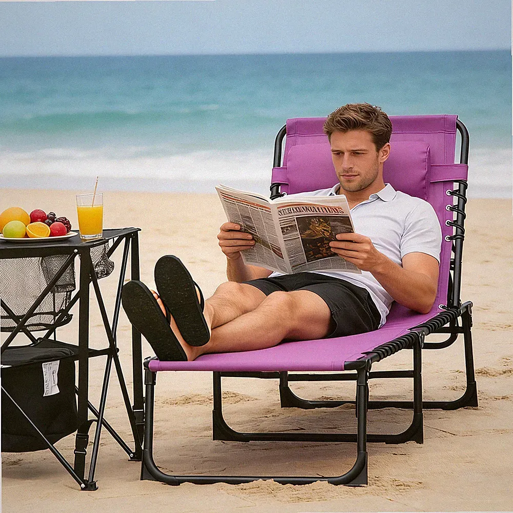 Folding Chaise Lounge Pool Chair with 4-Position Reclining Back, Pillow