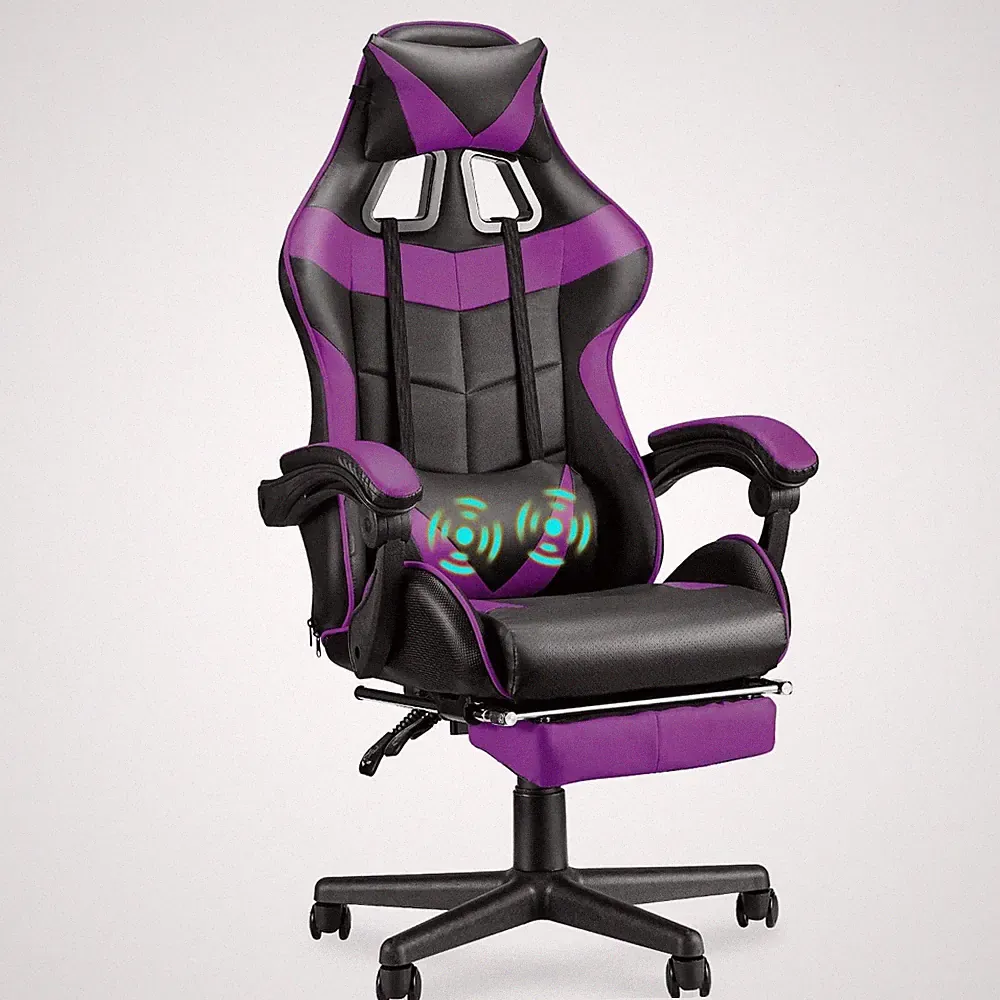Gaming Chair Footrest Massage Lumbar High Back Ergonomic Swivel Purple