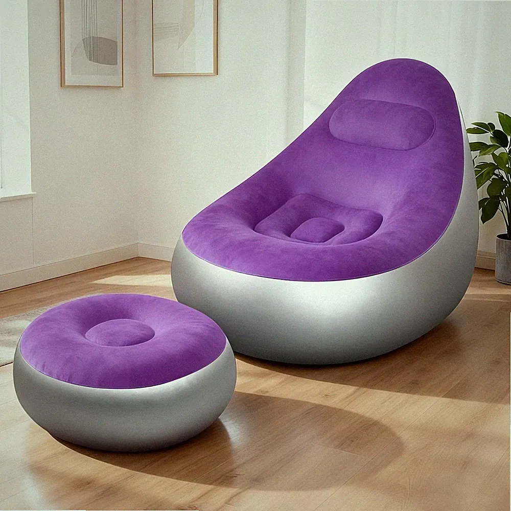 Inflatable Lounge Chair Recliner w Foot Stool Portable Air Sofa Outdoor Indoor