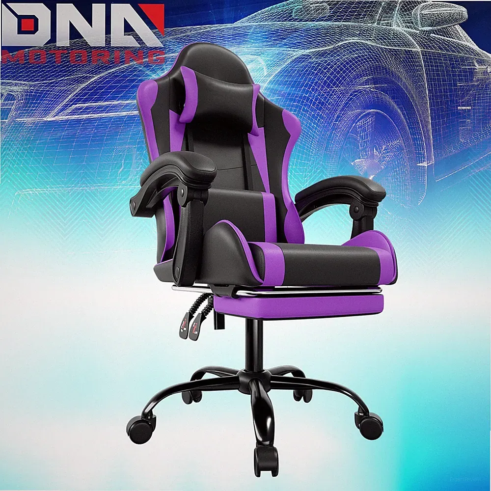 Purple Gaming Chair Office Swivel Reclinable Seat w/ Lumbar Support+Footrest