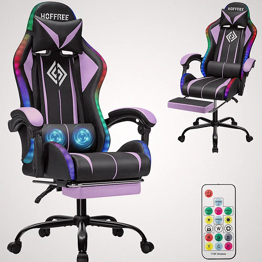 RGB Gaming Chair W/ Massage LED Reclining Ergonomic w/Footrest Lumbar Support