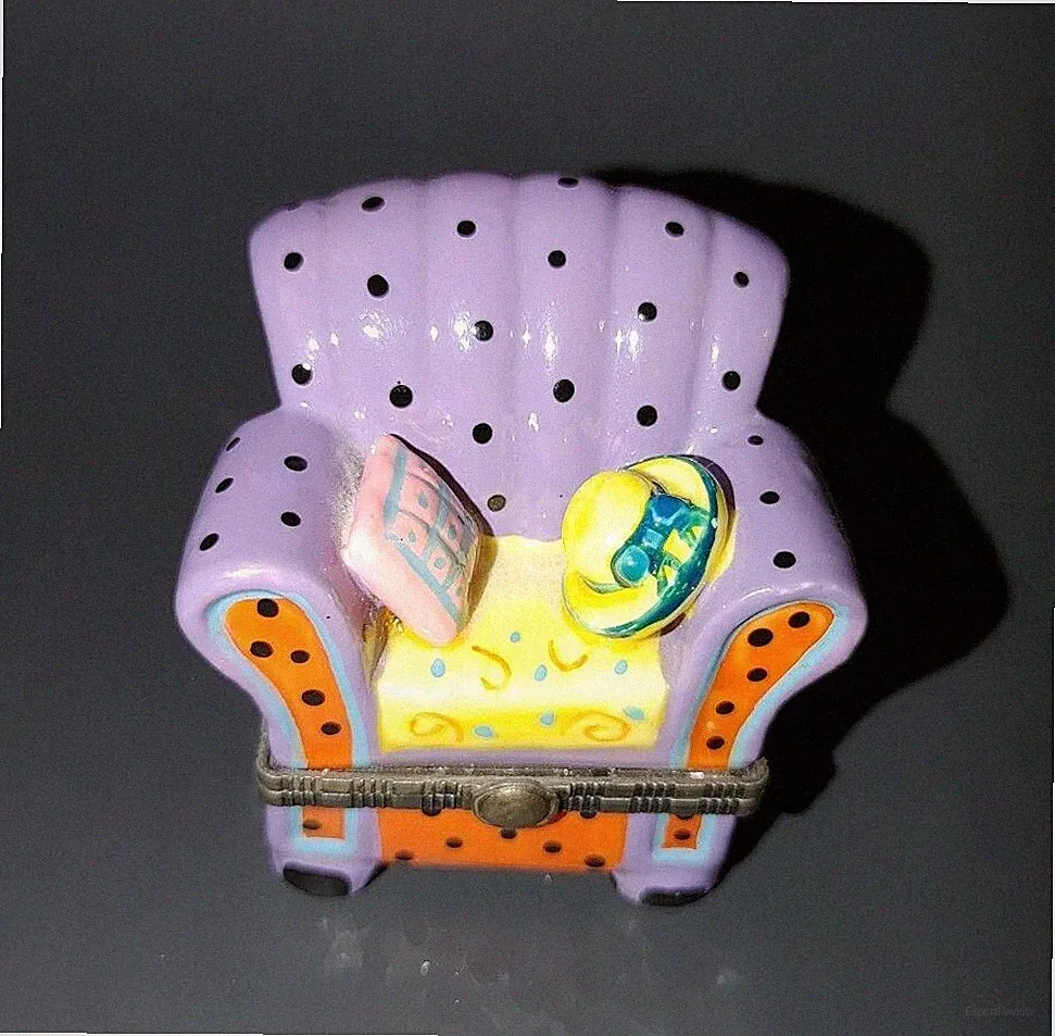 Small Ceramic Purple Recliner w/Hats Hinged Trinket Jewelry Box Orange Yellow