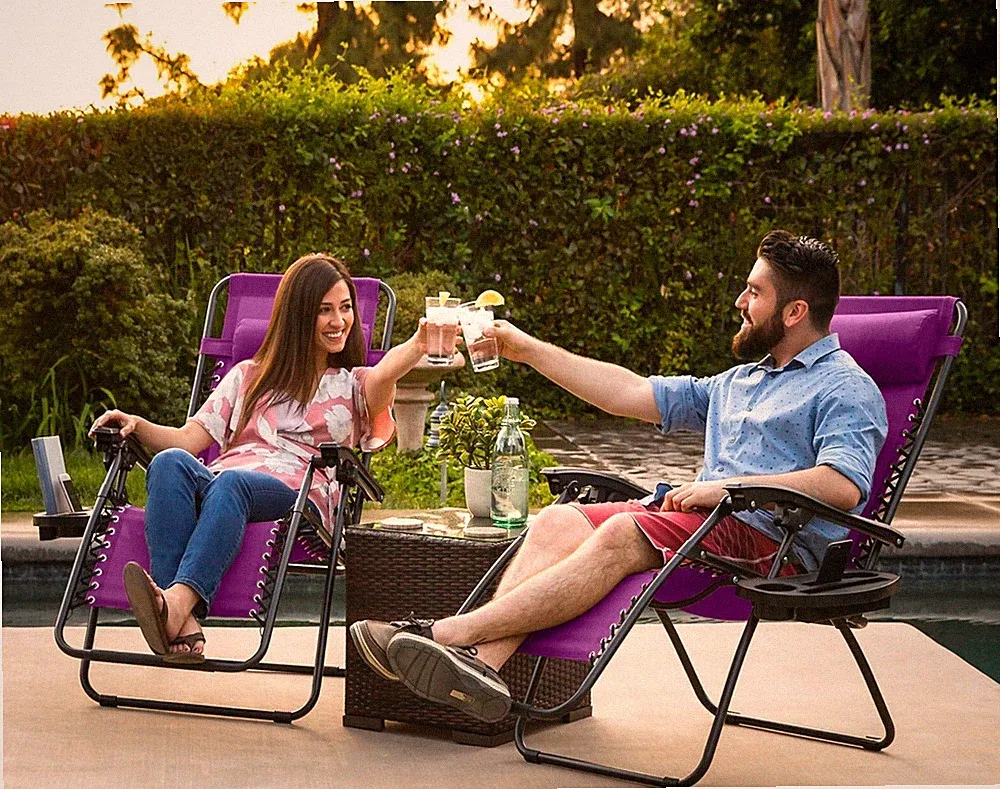 Zero Gravity Lounge Chair Recliners Set Of 2 Patio Pool Cup Holder Tray Purple
